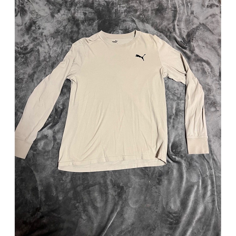 Puma Mens Long Sleeve Graphic Tee Tan Beige Crew Neck Shirt Size Medium